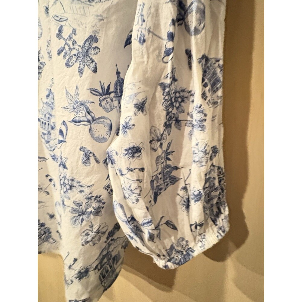 Lucky Brand XL Toile Print Peasant Blouse Balloon Sleeve Blue White Boho Top - Picture 6 of 6